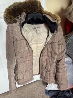 Calvin Klein Taupe Quilted Puffer Jacket with Faux-Fur Hood